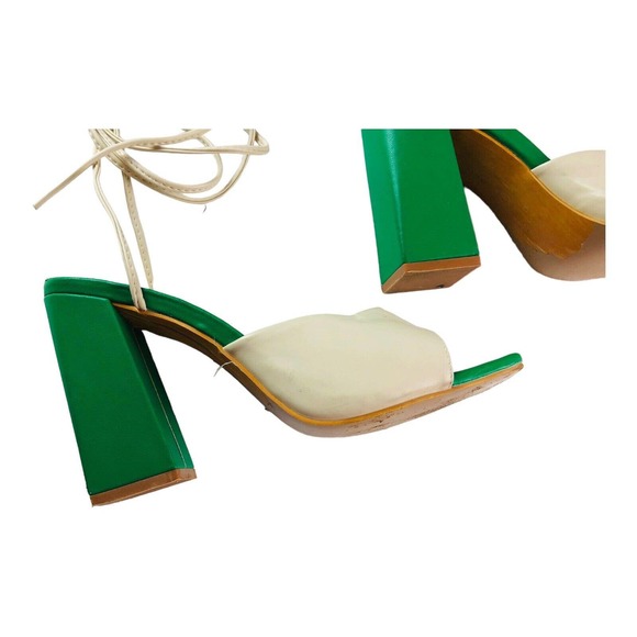 Chic Cream and Green Women's Block Heel Sandals - Picture 2 of 7